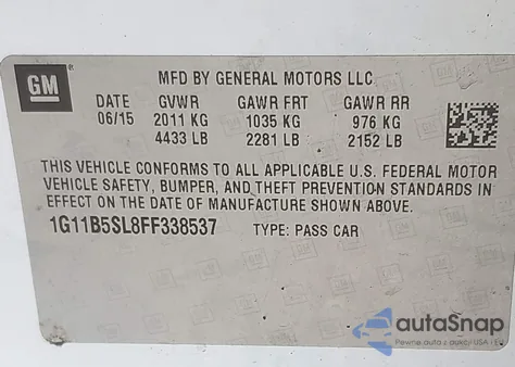 2015 Chevrolet Malibu Ls from USA, damaged, VIN 1G11B5SL8FF338537